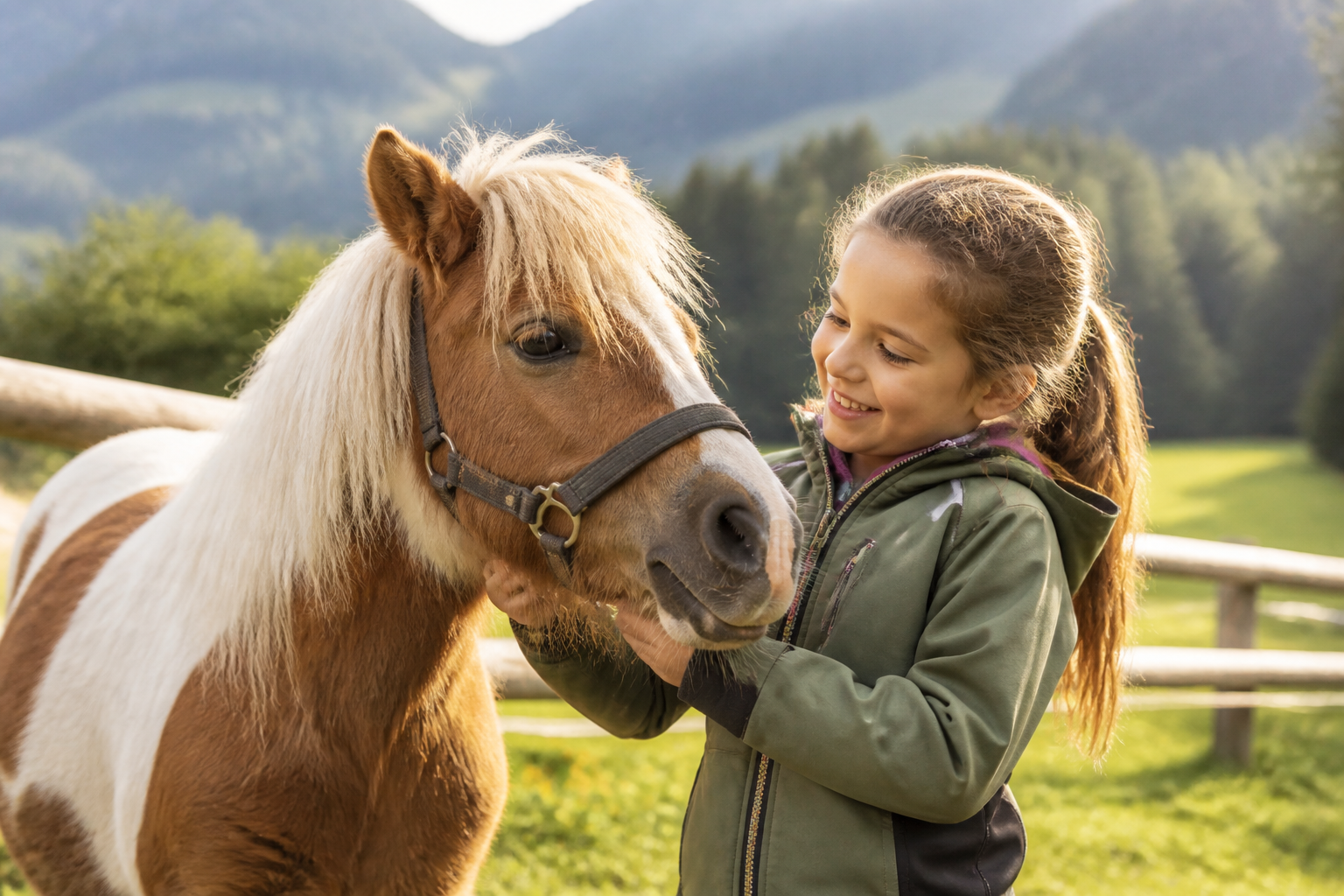 Ein lachendes Kind neben einem freundlichen Pony in einer alpinen Landschaft; symbolische Darstellung